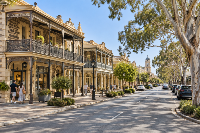 Historic sandstone and bluestone shopfronts with verandahs on a Gawler main street