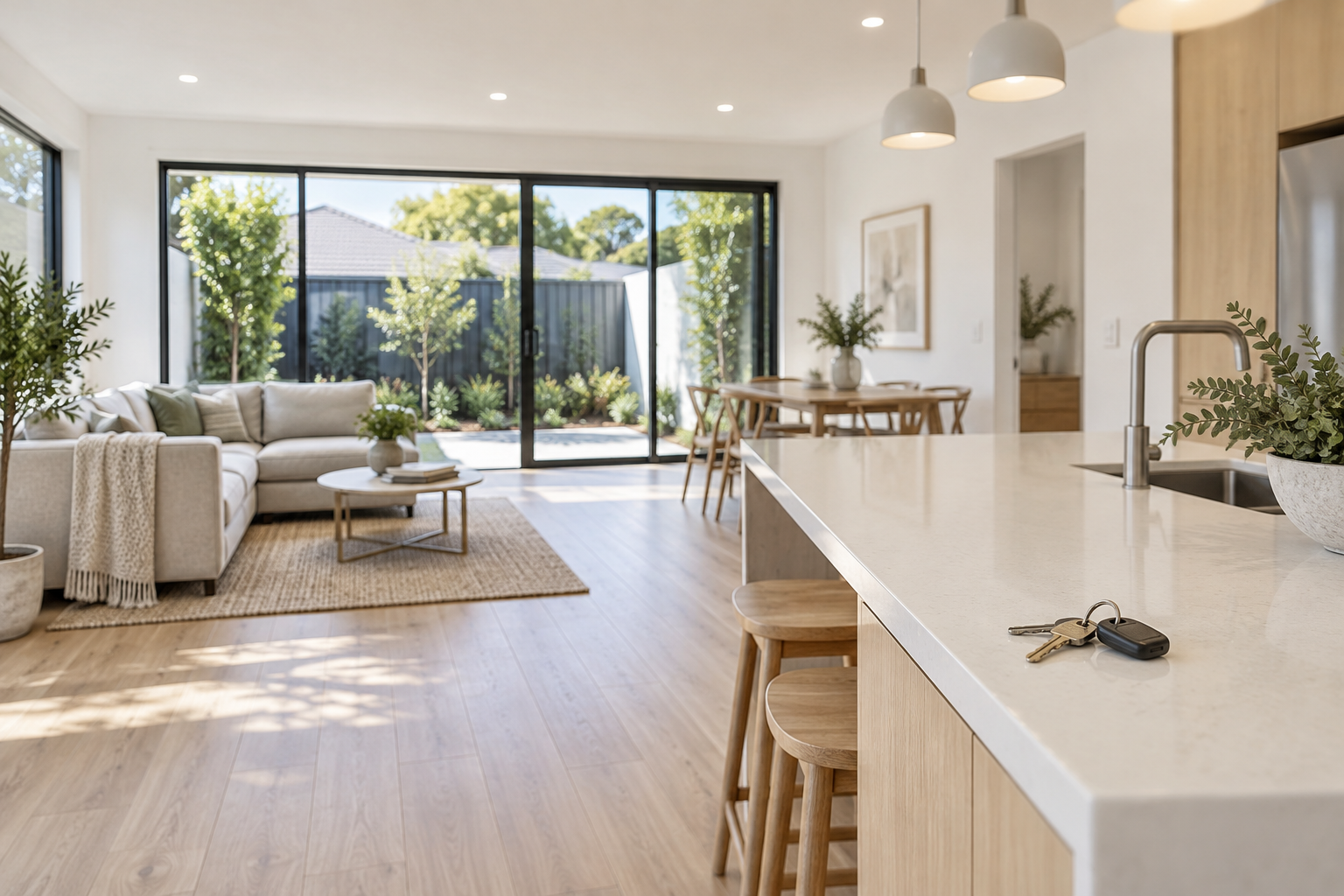 Bright, clean rental home interior with keys on the kitchen bench